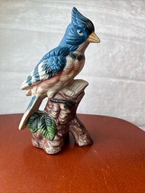 Vintage Porcelain Blue Jay perched on Branch, stands 6 1/2" tall